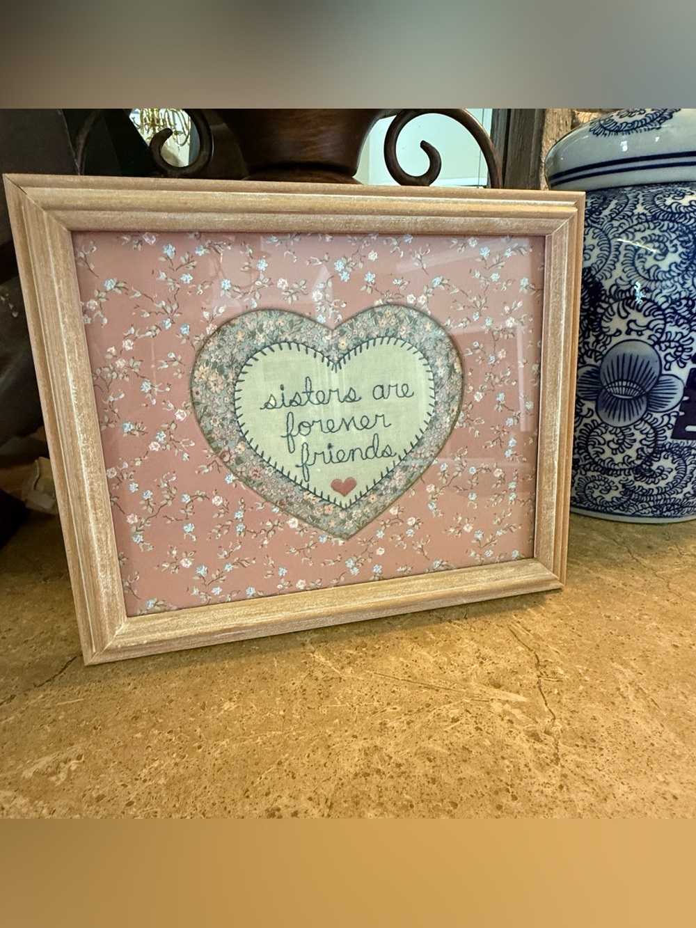 Vintage Hand Stitched Wall Art Framed "Sisters Are Forever Friends"